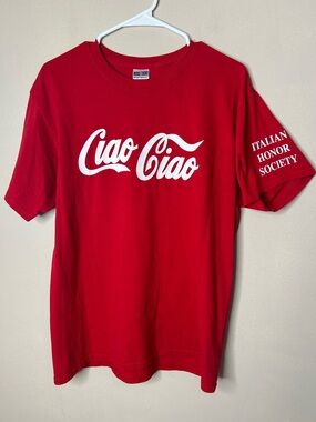 Jerzees Red Tee with White "Ciao Ciao" Graphic